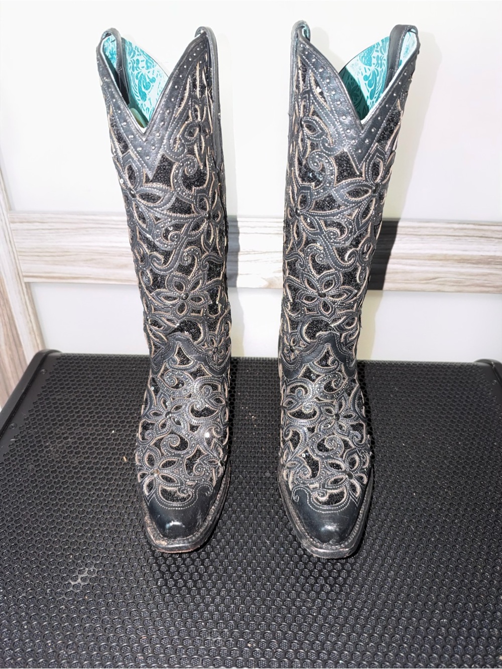 Embroidered Black Western Knee-High Heeled Boots - Women's